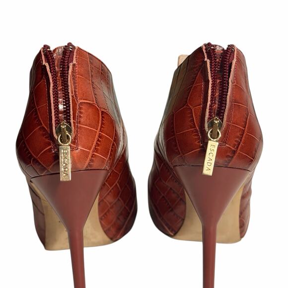 Escada Croc Embossed Leather Ankle Booties Rust Brown Italy Back Zip EU 40 - Picture 6 of 14